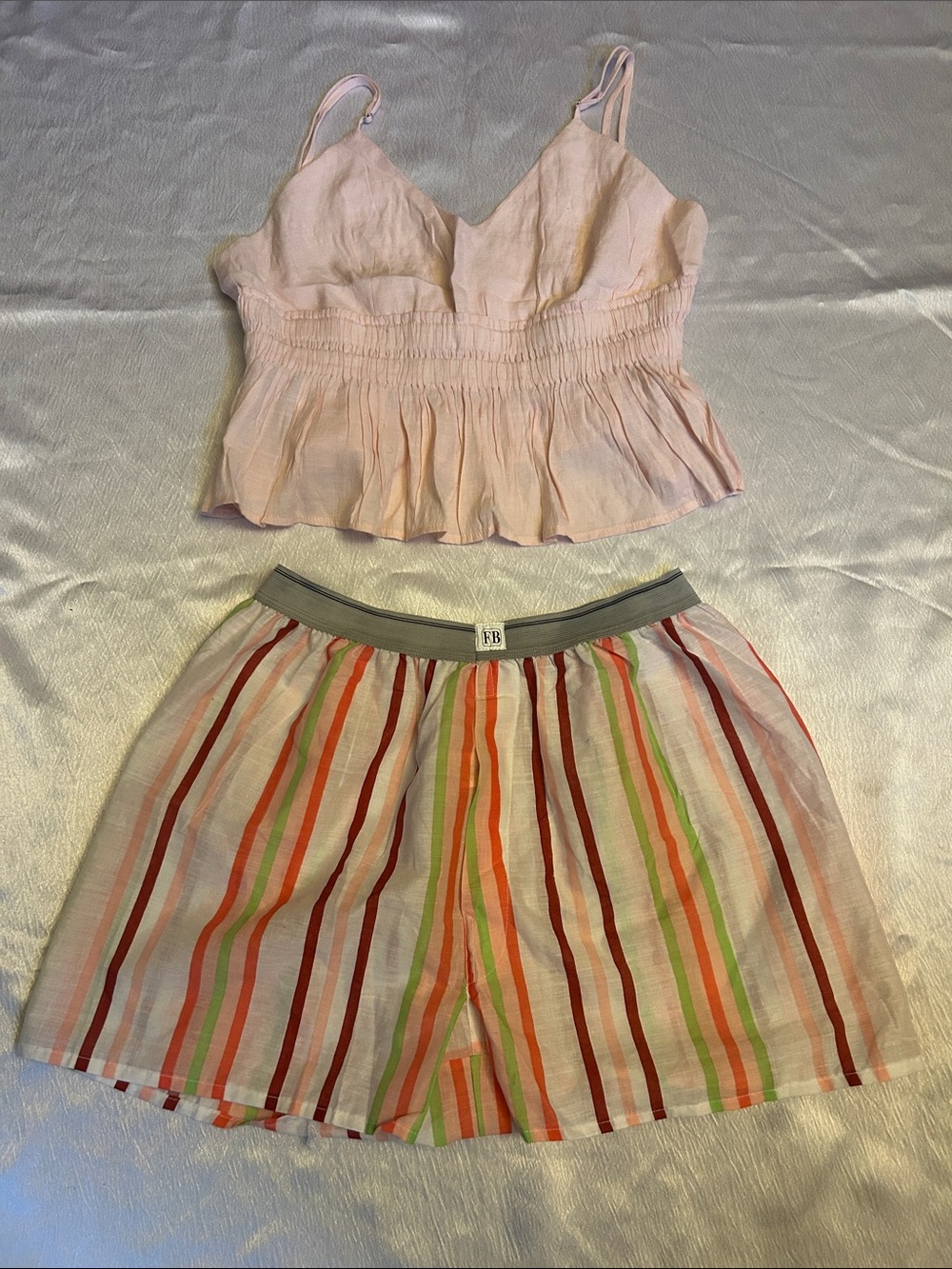 Unbranded Light Pink Smocked Cami with Striped Multicolor Cotton Shorts Set